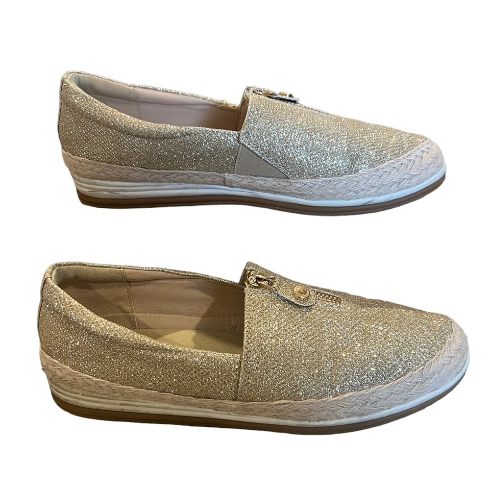 Anne Klein iflex Joy Gold Shimmer Espadrille Loafer zipper rope trim Size 7.5M
